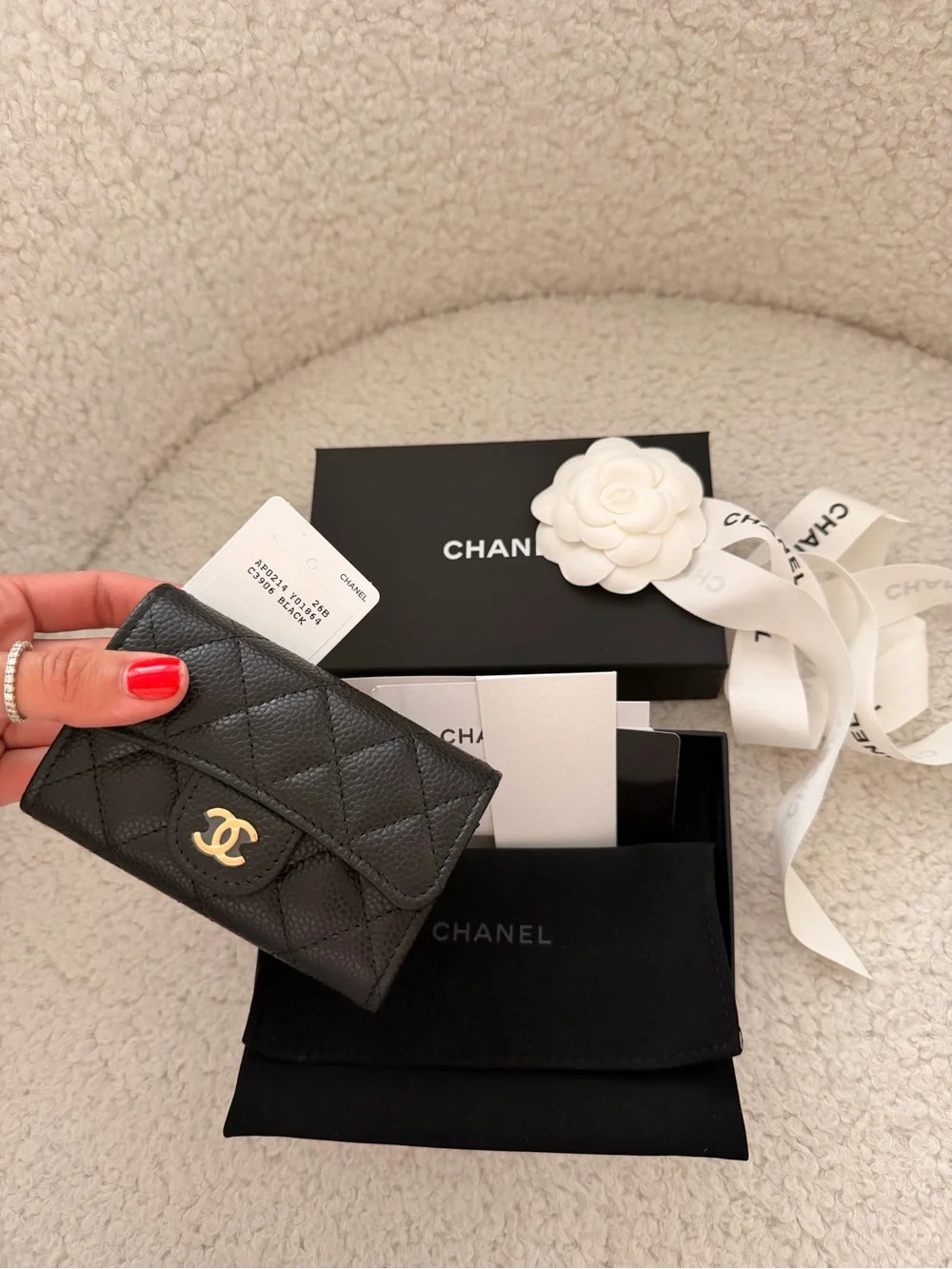 CHANEL Black Quilted Pebbled Leather Card holder Wallet with Gold CC brand new